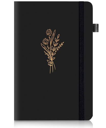 Lined Journal Notebook for Women Cute Leather Journals for Writing Aesthetic Floral Diary 192 Pages A5 Hardcover Journaling Notebooks with Pen Loop, 5.7 x 8.3 in, Black - color: Black