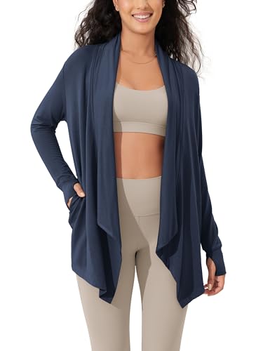 ODODOS Women's Drape Open Front Cardigans Cozy Soft Long Sleeve Casual Wrap Outerwear with Pockets Thumb Hole - color: Navy, size: X-Small