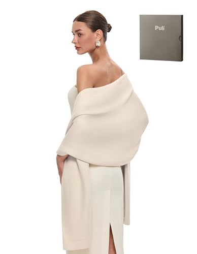 PULI Women's Pashmina Shawl Wraps for Evening Dress Large Scarf Blanket Long Wedding Bridal Winter Warm Shoulder Wrap - color: Gift Box Beige
