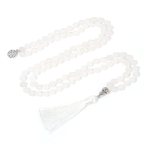 108 Mala Beads Necklace Semi-Precious Gem Stones Meditation Necklace 108 Hand Knotted Japa Mala Beaded Tassel Necklace with Tree of Life Pendant - color: White Marble