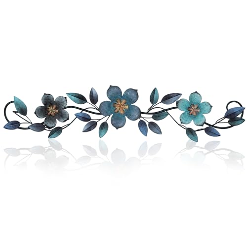 Wesiti Metal Flower Wall Decor Vintage Metal Flower Wrought Iron Scroll Sculpture 15.7''x3.7'' Not 3D, Flat Farmhouse Leaf Wall Decor with Nails for Summer Bedroom Kitchen Indoor Outdoor(Blue) - color: Blue