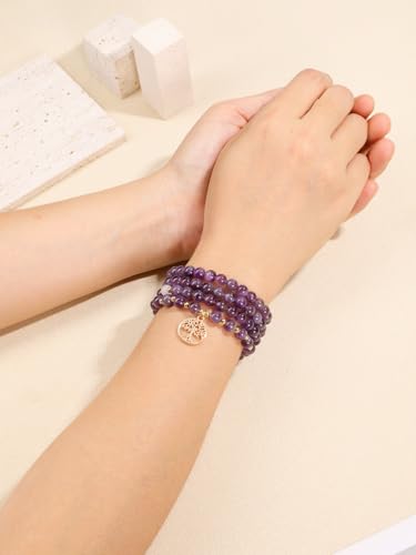 Top Plaza Amethyst Prayer Beads Bracelet Long Beaded Necklace Natural Gemstone 108 Mala Beads Tree Life Yoga Meditation Bracelet Necklace - color: Amethyst