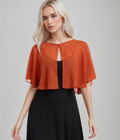 TONGFANTFL Women's Soft Chiffon Capelets Shawls and Wraps for Evening Wedding Cape Bole Cover Up - color: Burnt Orange