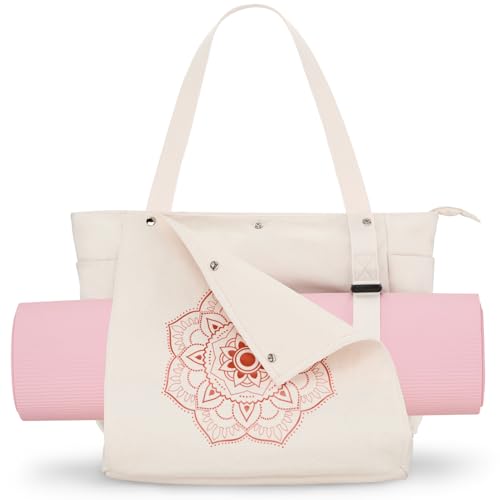 Gonex Yoga Mat Bag, Yoga Gym Bag Tote Bag with Multi Pockets For Women Men, Canvas Yoga Mat Carrier Take in Out Mat Easily For Pilates Travel Workout Office - color: Beige, size: Standard (15.5*5.5*14.5inch)