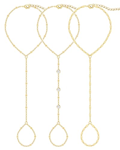3PCS 14K Gold-Plated Hand Chain Bracelets for Women, Stack Bracelets Set Adjustable, Trendy Dainty Ring Bracelet Hand Chain - color: gold-3-Lip chain