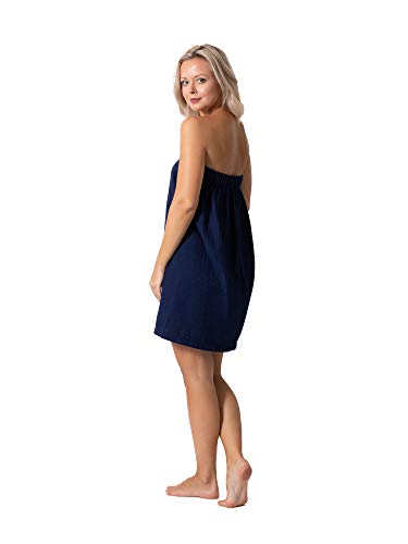 Turkish Linen Women’s Waffle Spa Body Wrap with Adjustable Closure - color: Navy, size: XX-Large