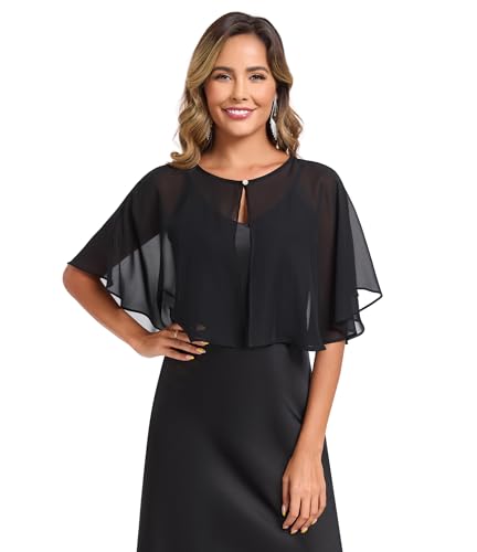 TONGFANTFL Women's Soft Chiffon Capelets Shawls and Wraps for Evening Wedding Cape Bole Cover Up - color: Black