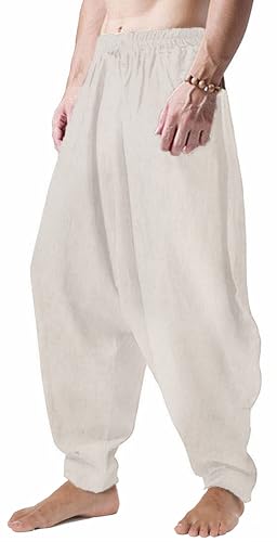 CLANMILUMS Men's Cotton Harem Pants Casual Loose Hippie Drop Crotch Trouser - color: Beige, size: X-Large