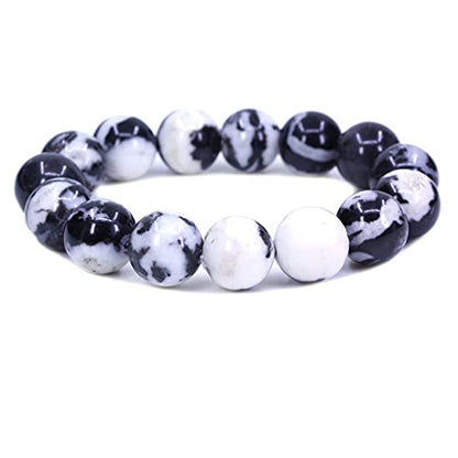 Keleny Natural Gem Semi Precious Gemstones 14mm Round Beads Crystal Stretch Bracelets 7 Inch Unisex - color: 14mm Black White Zebra Jasper
