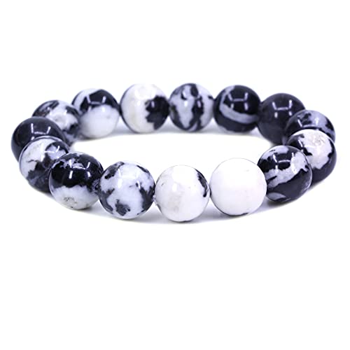 Keleny Natural Gem Semi Precious Gemstones 14mm Round Beads Crystal Stretch Bracelets 7 Inch Unisex - color: 14mm Black White Zebra Jasper