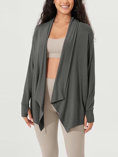 ODODOS Women's Drape Open Front Cardigans Cozy Soft Long Sleeve Casual Wrap Outerwear with Pockets Thumb Hole - color: Charcoal, size: Small