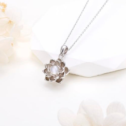 Moonstone Lotus Jewelry Set 925 Sterling Silver Lotus Flower Ring Engraved True Love Waits Natural Healing Buddha Spiritual Yoga Lotus Jewelry Set Gifts for Women - style: Lotus Necklace