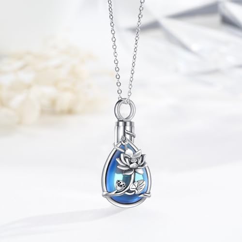 JUSTKIDSTOY Moonstone Urn Necklace for Ashes Sterling Silver Daisy/Rose/Tree Teardrop Pendant Necklace Cremation Jewelry Keepsake Memorial Gifts for Mother Grandma w/Funnel Filler - style: Lotus