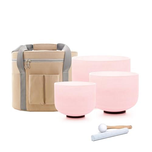 Hye-eun Pink Crystal Singing Bowls Set, 432hz 8"G 10"F 12"C 3pcs Frosted Quartz Chakra Sound Bowl with Beige Carrying Case for Sound Healing Yoga Meditation - color: 432hz 8"G 10"F 12"C Pink 3pcs