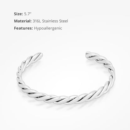 COBI Minimalist Stainless Steel Bracelet, Polished Chunky Open Bangle,Twisted Rope Cuff Bracelet, Durable Hypoallergenic Stackable Jewelry 5.6/5.7/5.9 Inch - style: Engraved Cuff - Silver