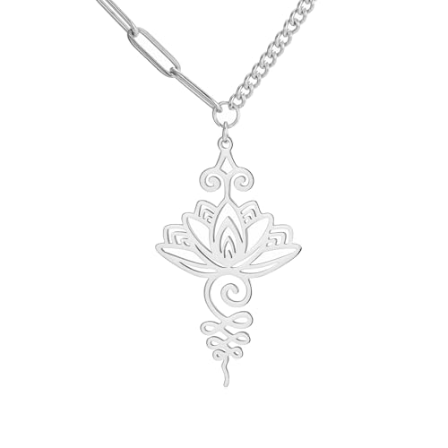 VASSAGO Buddha Lotus Necklace for Women Yoga Healing Pendant Stainless Steel Flower Necklace Buddhist Necklace Unalome Symbol Amulet Religious Jewelry - color: silver 5