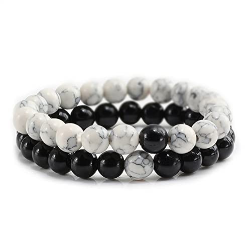 2Pcs Matte Lava Rock Volcanic Stone Beads Stretch Bracelet Stacking Frosted Gemstone Turquoise Seed Bracelet for Men Women Couple Stress Relief Aromatherapy Jewelry Gift - color: B black white