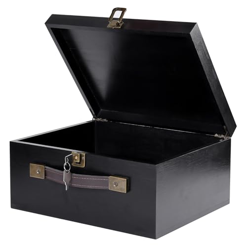 ANMINY Wooden Keepsake Memory Box with Key Locking Lid Bamboo Wood Storage Box with PU Leather Handles Large Decorative Wooden Chest Box for Crafts Stash Gifts - Black, 12" L x 10" W x 6" H - color: Black - Key Locking Lid