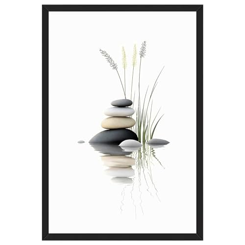 Framed Zen Stones and Grass Reflection Poster Canvas Print Art Minimalist Aesthetic Modern Wall Art Painting Pictures Wall Decor Elegant Home Decor for Living Room Bedroom Office Apartment (Black framed,8L"X12W") - size: 8L"X12W"
