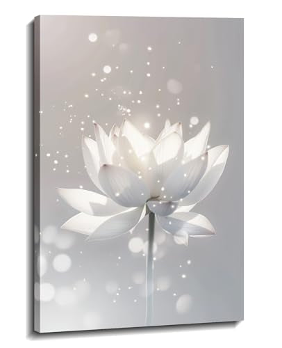 Zen Lotus Wall Art White Lotus Picture Relaxation Meditation Painting Floral Canvas Prints Spiritual Room Bathroom Living Room Office Wall Decor Framed(Art-11,12.00"x18.00") - color: F - Grey White, size: 18"L x 12"W