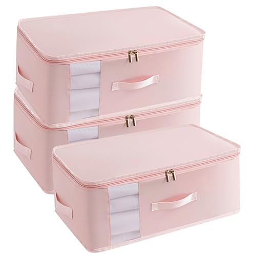 3 Pack Large Canvas Storage Bags, Zipper Closet Organizers Thick Handles Clear Window, Foldable Cotton Linen Containers for Clothes Sweater/Bedding（Bean Pink） - color: Bean Pink