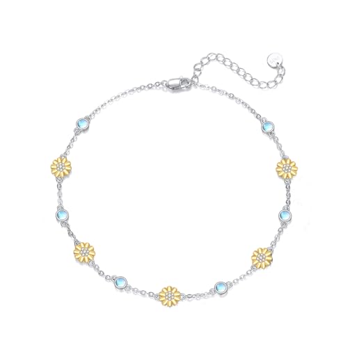 CRMAD 925 Sterling Silver Daisy/Sunflower Moonstone Anklet Daisy Flower Ankle Bracelet for Women Beach Dainty Jewelry - size: 7+2 inch, style: sunflower