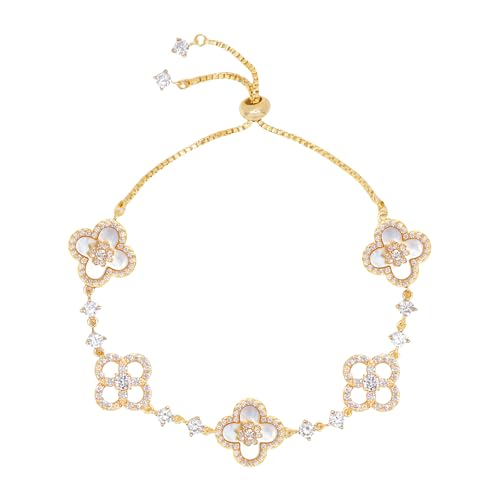 Aura & Irena Adjustable 18K Platinum Plated Clover Bracelets for Women - Mother of Pearl Non-Bangle Bracelet with 3A Cubic Zirconia, Valentine's Day Hypoallergenic Gift - color: GOLD A
