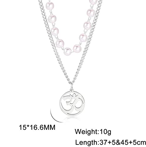 UNIFT Necklace For Women- Aum Om Ohm Sanskrit Symbol Round Pendant Beaded Double Layer Chain Charm Necklace,Hinduism Yoga Sanskrit Personalized Amulet Dainty Pendant Necklace Jewelry - color: pearl chain - silver
