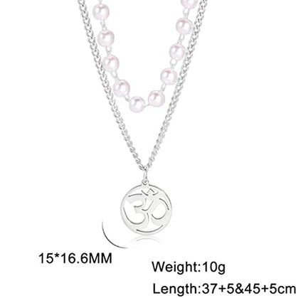 UNIFT Necklace For Women- Aum Om Ohm Sanskrit Symbol Round Pendant Beaded Double Layer Chain Charm Necklace,Hinduism Yoga Sanskrit Personalized Amulet Dainty Pendant Necklace Jewelry - color: pearl chain - silver