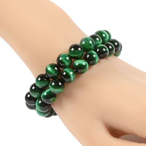 Justinstones Gem Semi Precious Gemstone 10mm Round Beads Stretch Bracelet 7 Inch Unisex - color: Dyed Green Tiger Eye