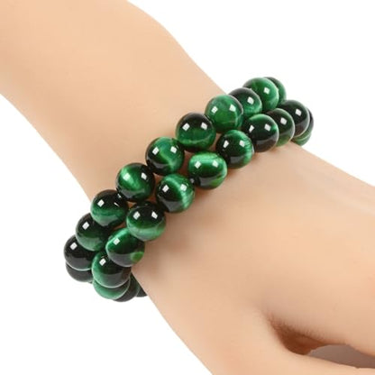 Justinstones Gem Semi Precious Gemstone 10mm Round Beads Stretch Bracelet 7 Inch Unisex - color: Dyed Green Tiger Eye