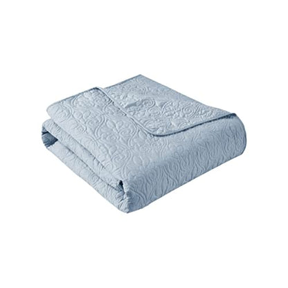 Madison Park Throw Blanket - Reversible Damask Quilting Design, Soft Pre-washed Microfiber, Cotton Filled Spread, Cozy Summer Blanket - Throw for Living Room Couch, Sofa, Bed, Quebec, 60x70", Blue - color: Blue, size: 60"x70"