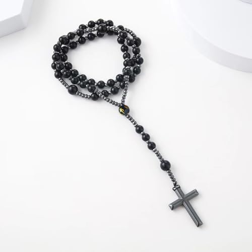 LIYAPEI Triple Protection Necklace with Tiger Eye, Obsidian, and Hematite - Stylish Men's Cross Necklace and Women's Y-Shaped Sweater Chain An Anxiety Relief Beaded Necklace. - color: Black Obsidian