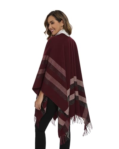 Shawl Wraps for Women, Elegant Knitted Cape Open Front Poncho Scarf Blanket Cardigan Coat for Spring, Autumn, and Winter - color: Red Beige