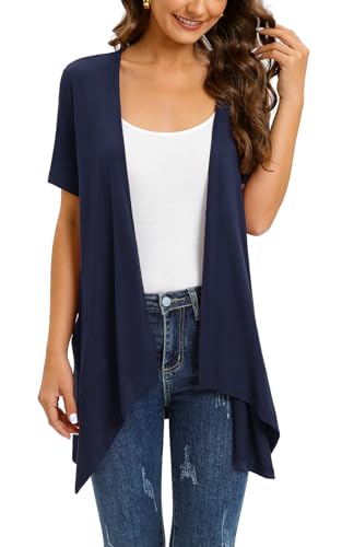 Veryoung Floral Short Sleeve Cardigans for Women Casual Drape Open Front Lightweight Summer Cardigan with Pocket High Low Hem - color: A03-navy Blue, size: 3X-Large