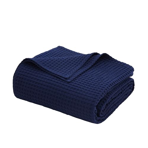 100% Egyptian Cotton Waffle Weave Throw Blanket for Bed Couch Sofa Home Decor, Soft Lightweight Bed & Couch Blanket for All Seasons (Navy Blue - King Size - 104 * 90") - color: Navy Blue, size: King - 104*90''