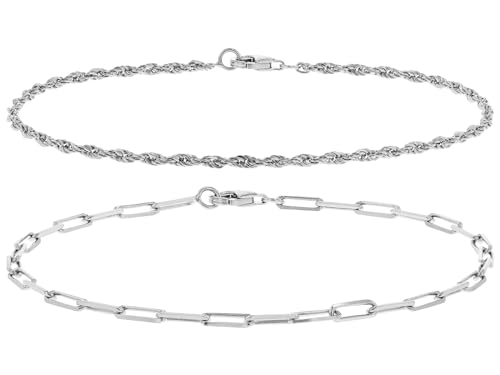 JTV Sterling Silver Bracelet Set for Women - Paperclip Chain - Stackable Layered Bracelets - Elegant Jewelry for Wedding, Anniversary, or Gift - 2 mm Rope Chain & 2.5 mm Paperclip Link - Set of 2 - color: White, size: 7.5