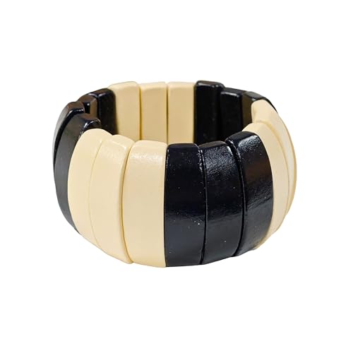 Vintage Wooden Beaded Bracelet for Women Boho Chunky Colorful Natural Wood Stretch Bracelet for Women Men Geometric Ethnic Statement Wrist Jewelry - color: Black&Beige