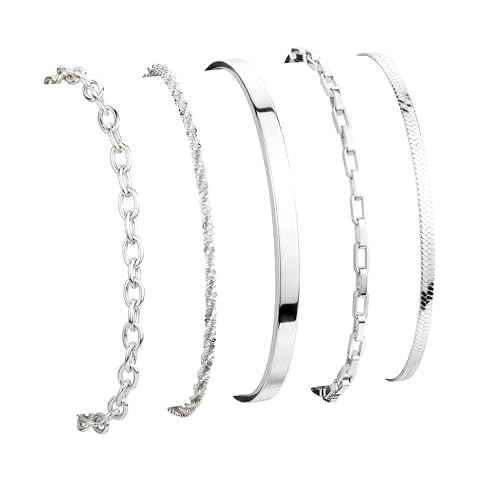 Dainty Gold Bracelet for Women Stack, Thin Bracelets Stackable Set with Bangle Cuff, Box, Herringbone, Paperclip, Figaro, Sparkling Link Chains Waterproof, Simple Jewelry Gifts for Women Non Tarnish - color: style 02-silver