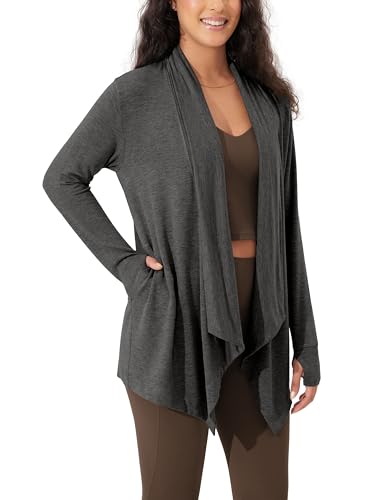 ODODOS Women's Drape Open Front Cardigans Cozy Soft Long Sleeve Casual Wrap Outerwear with Pockets Thumb Hole - color: Charcoal Heather, size: Small
