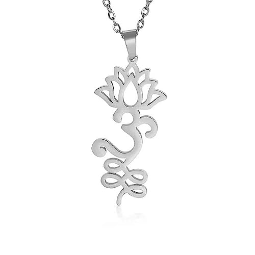 VASSAGO Buddha Lotus Necklace for Women Yoga Healing Pendant Stainless Steel Flower Necklace Buddhist Necklace Unalome Symbol Amulet Religious Jewelry - color: silver 11
