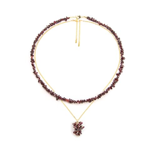2Pcs Crystal Necklace for Women Handmade Choker Necklaces Pendant Necklace Natural Stone Gemstone Beaded Necklace 18k Gold Plated Adjustable Dainty Necklace for Women - color: Garnet