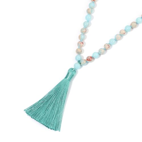 8MM Beads Chakra Long Mala Necklace Natural Stone Meditation Statement Necklace Japa Yoga Buddhist Rosary Prayer Charm Beaded Tassel Necklace - color: Shoushan Stone