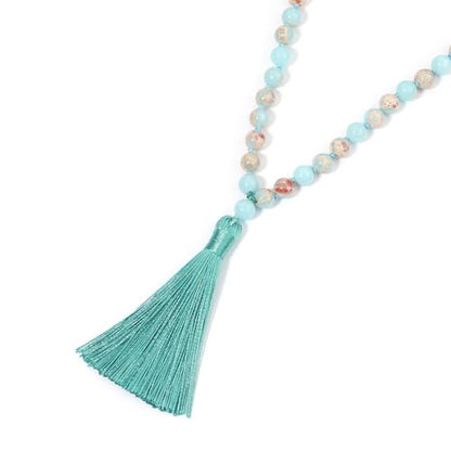 8MM Beads Chakra Long Mala Necklace Natural Stone Meditation Statement Necklace Japa Yoga Buddhist Rosary Prayer Charm Beaded Tassel Necklace - color: Shoushan Stone