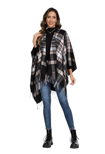 Shawl Wraps for Women, Elegant Knitted Cape Open Front Poncho Scarf Blanket Cardigan Coat for Spring, Autumn, and Winter - color: Black Khaki 2