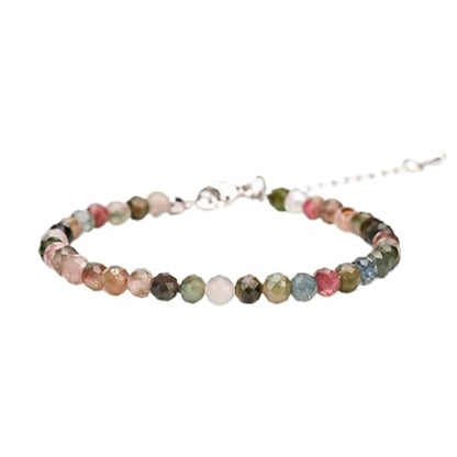 Crystal Bracelet for Women, Natural 4mm Faceted Beads Adjustable Bracelet, Small Beaded Healing Gemstone Bracelet - color: Multicolor Tourmaline