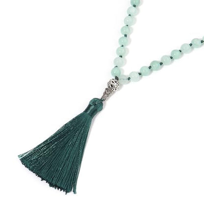 108 Mala Beads Necklace Semi-Precious Gem Stones Meditation Necklace 108 Hand Knotted Japa Mala Beaded Tassel Necklace with Tree of Life Pendant - color: Aventurine