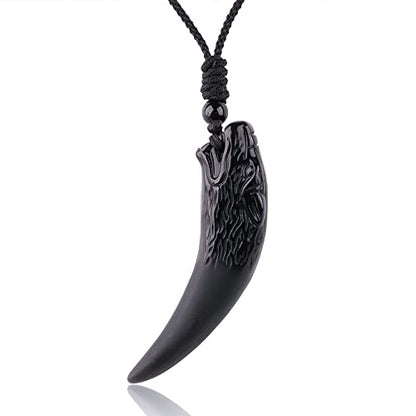 Black Obsidian Necklace Natural Crystal Amulet Protection Pendant with Adjustable Rope Lucky Talisman Necklaces Jewelry Gift for Men Women - color: WolfTooth Black