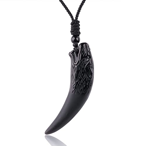 Black Obsidian Necklace Natural Crystal Amulet Protection Pendant with Adjustable Rope Lucky Talisman Necklaces Jewelry Gift for Men Women - color: WolfTooth Black