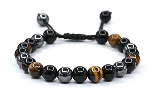 Amazing Gemstone Triple Protection Bracelet - Hematite Black Obsidian Tiger Eye Bracelet Set for Men Women Healing Calming Anxiety Stress Relief Gifts (Adjustable) - color: Triple Protection